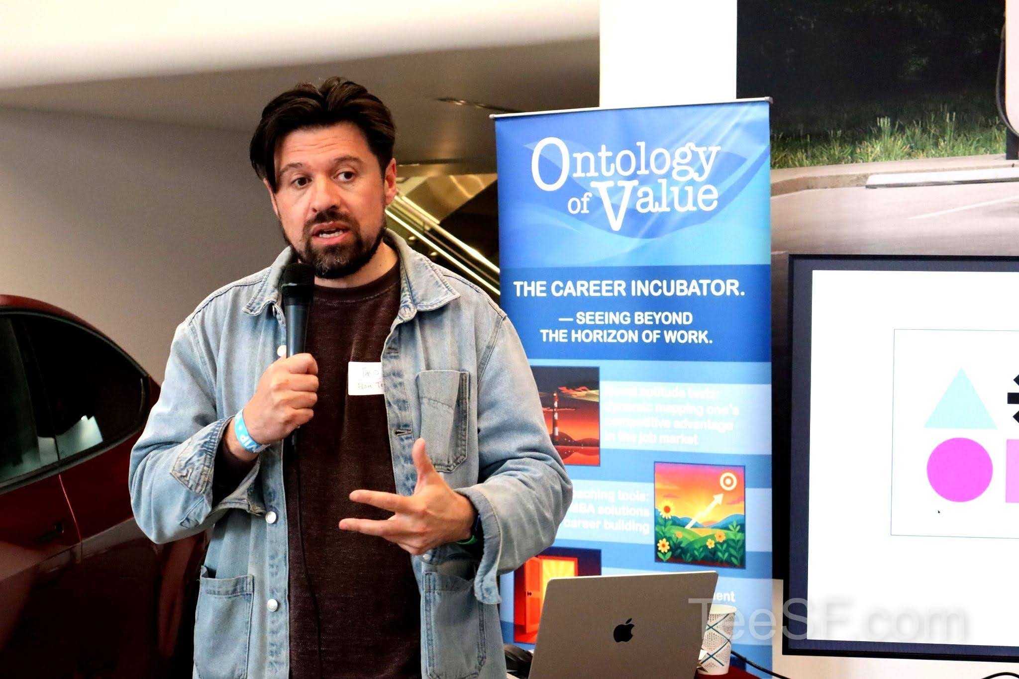 A photo from a pitch night event at Tesla in San Francisco.